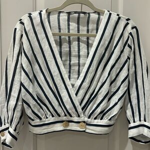 ZARA blue striped wrap around style blouse with gold button accent